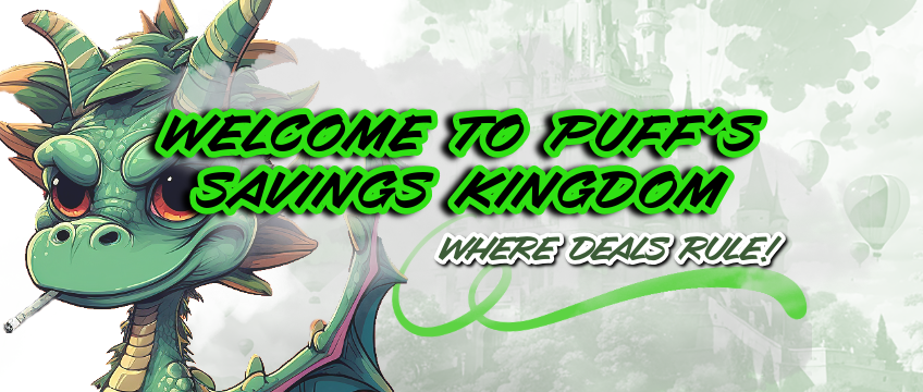 420Clipper Dragon Banner with Text "Welcome to Puff's Savings Kingdom" "Where Deals Rule"